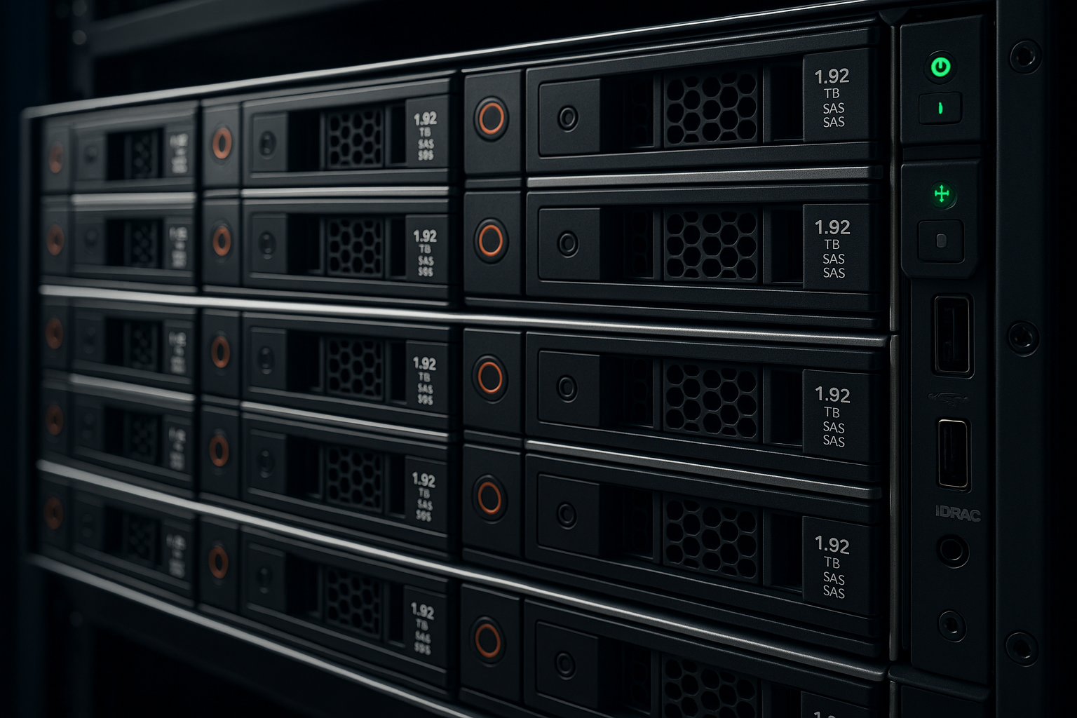 Rack med brukte enterprise-servere og SAS-disker